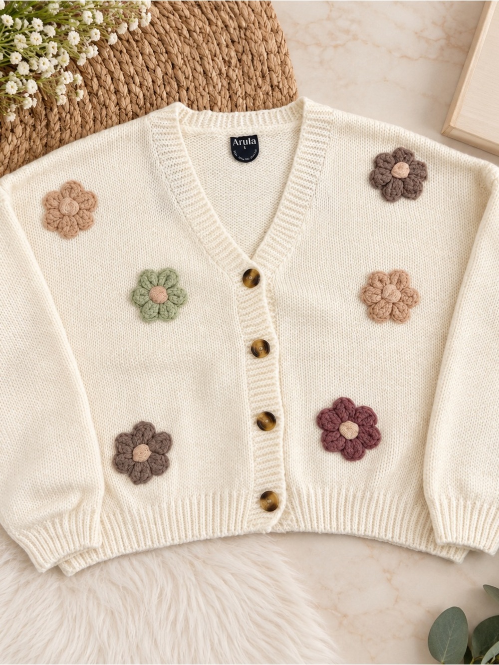 Arula Ivory Crochet Flower Cardigan Sweater Size B 2X NWT